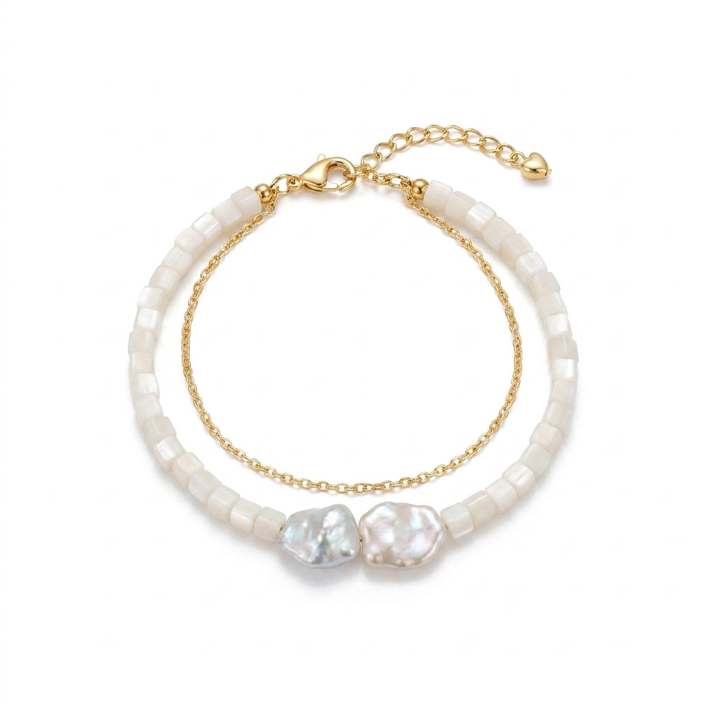 Mix Mera | Double Layers 14K Gold Filled Shell & Baroque Pearl Bracelet